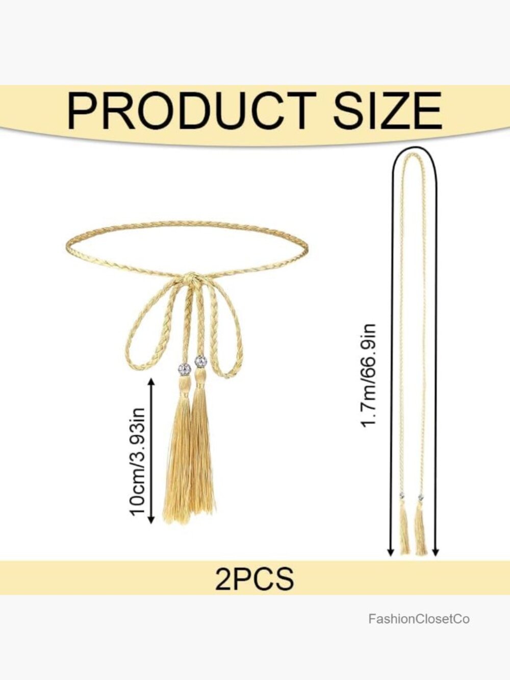 2pcs Tassel Braided Waist Belts, Skinny Tie Rope Belts for Dresses Skirts - Picture 2 of 7